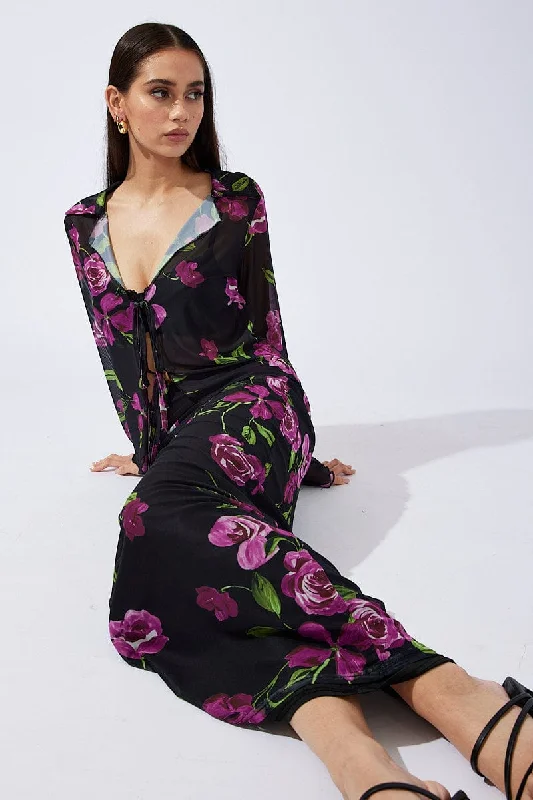 Black Floral Maxi Skirt High Rise Mesh lace skirt romantic
