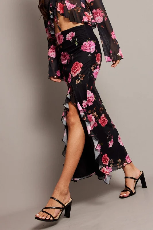 Black Floral Maxi Skirt High Rise Ruffled Slit Frill Hem Mesh cashmere skirt soft