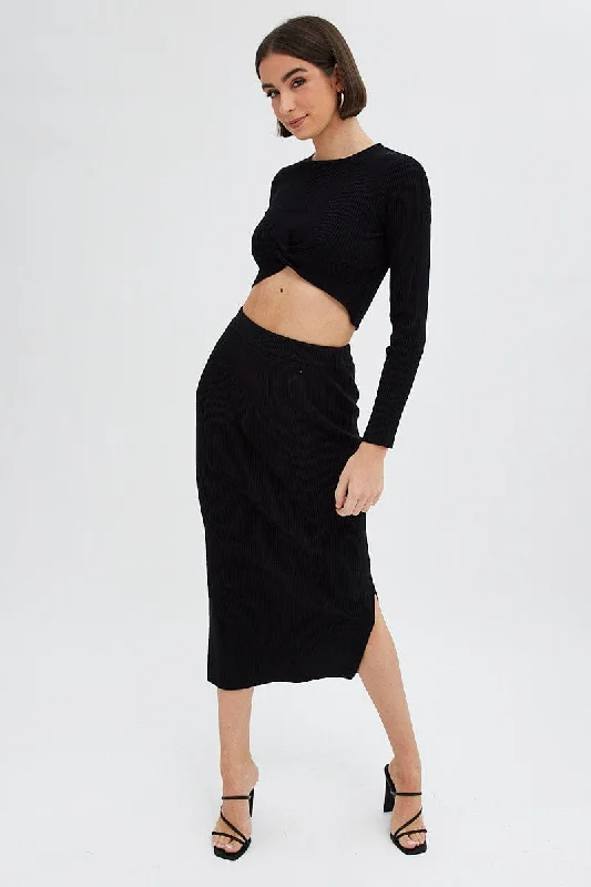 Black Knit Skirt High Rise Ribbed Midi elastic waist skirt