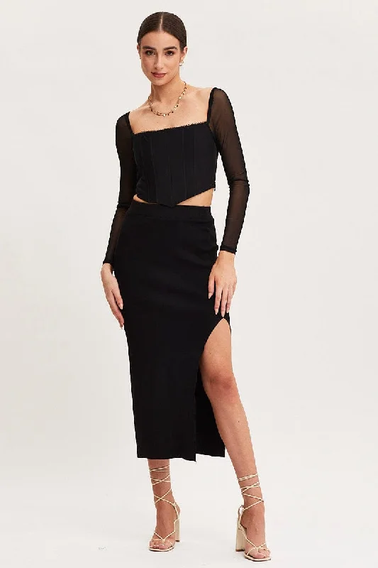 Black Knit Skirt Midi High Rise leather skirt bold