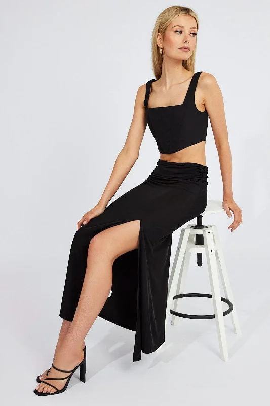 Black Maxi Skirt Asymmetric Hem denim skirt casual