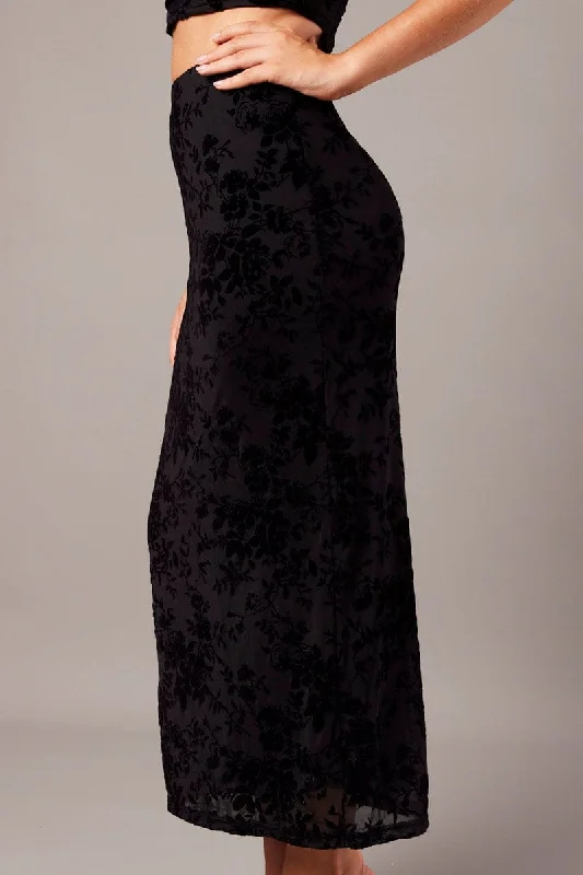 Black Maxi Skirt Burn Out lace skirt elegant