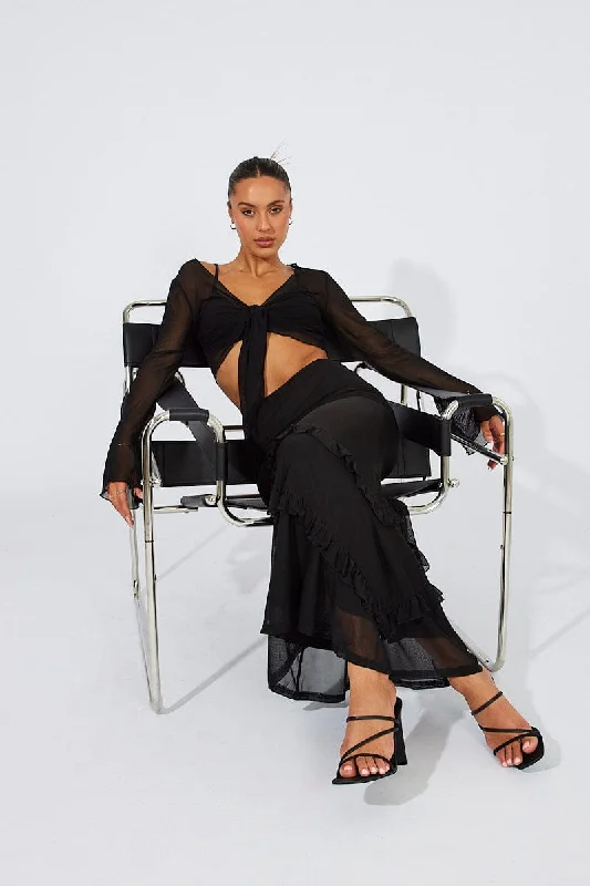 Black Maxi Skirt Mesh Asymmetric Ruffle leather skirt bold