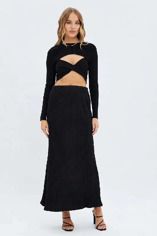 Black Maxi Skirt Mid Rise A-line Rib Jersey leather skirt sleek