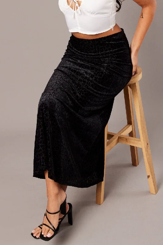 Black Maxi Skirt Mid Rise Burn Out asymmetrical skirt cut
