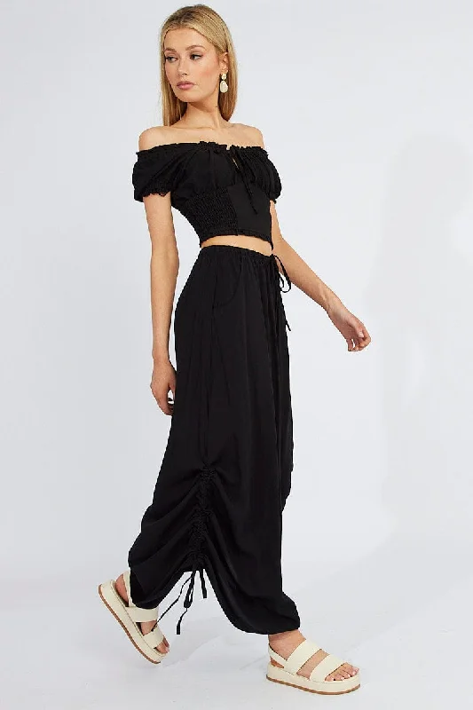 Black Maxi Skirt Side Ruched lightweight skirt design