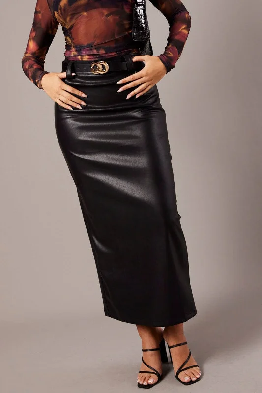 Black Midi Skirt Faux Leather seamless skirt comfort