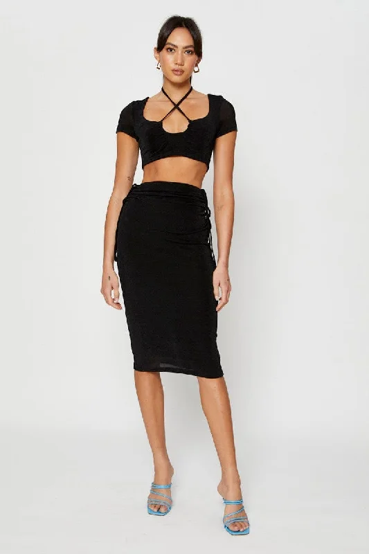Black Midi Skirt Ruched leather skirt modern