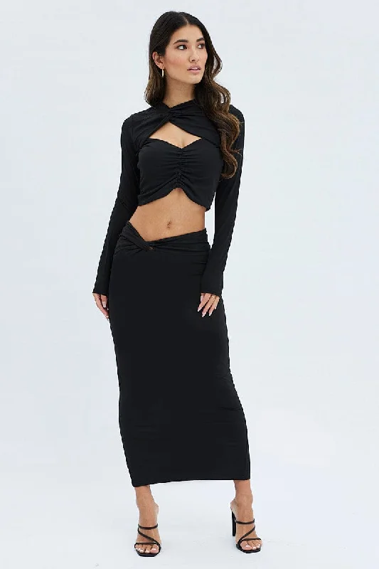 Black Midi Skirt Twisted Waist Double Layer lace skirt delicate