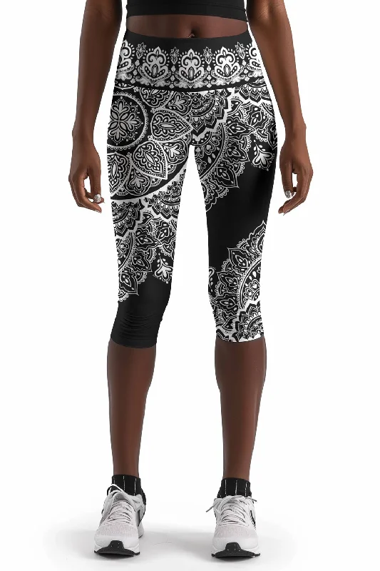 Black Nirvana Ellie White Boho Performance Yoga Capri Leggings - Women Fashionable Stretchy Fit Leggings