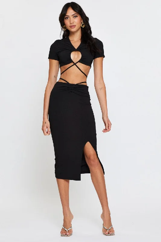 Black Ribbed Bodycon Midi Skirt boho skirt vibe