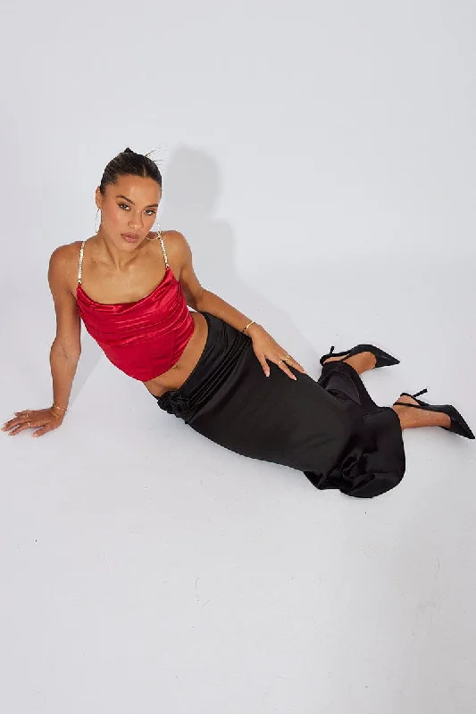 Black Satin Rose Flower Brooch Maxi Skirt cotton skirt soft