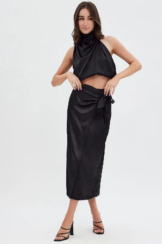 Black Twist Midi Skirt tiered skirt playful