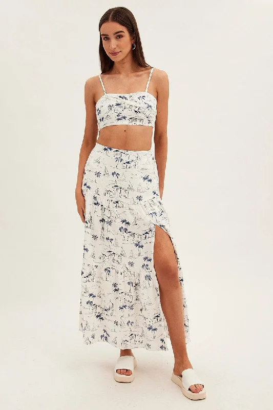 Blue Abstract Maxi Skirt High Waist Split Tiered Printed seamless skirt comfort