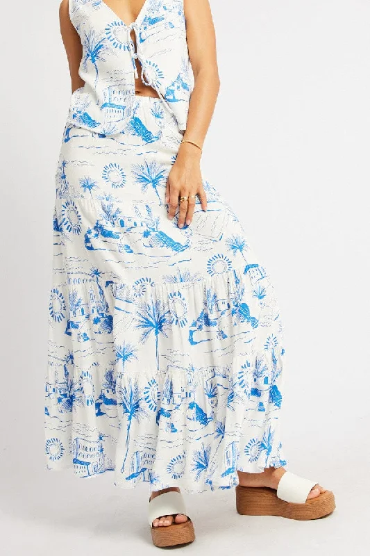 Blue Abstract Maxi Skirt Tiered High Rise Elastic Waistband tulle skirt dreamy