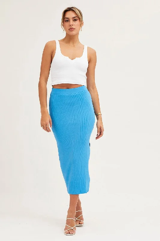 Blue Elastic Waist Side Split Knit Midi Skirt corduroy skirt durable