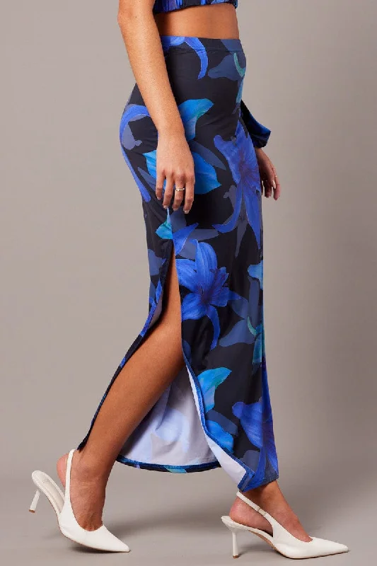 Blue Floral Maxi Skirt Tube Side Split Skirt wool skirt warm