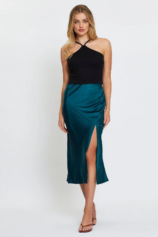 Blue Front Slit Slip Midi Skirt casual skirt length