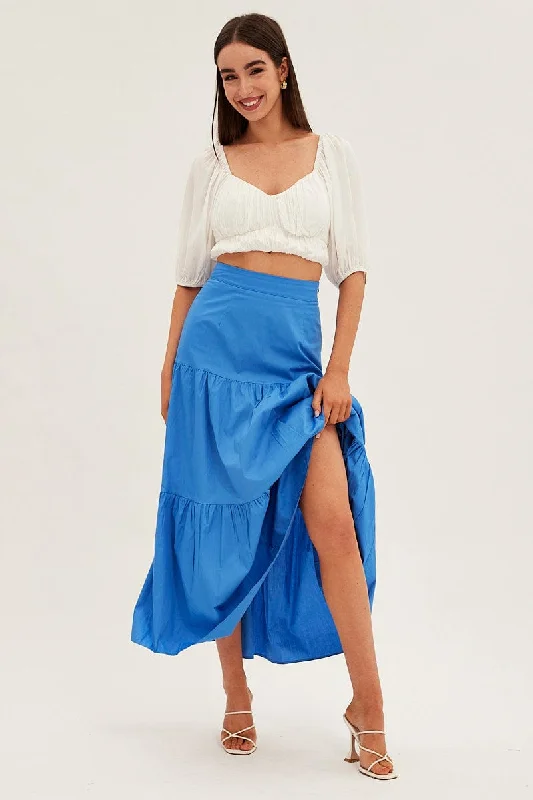 Blue Maxi Skirt High Rise Tiered leather skirt durable