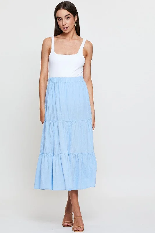 Blue Midi Skirt High Rise Tiered high waist skirt