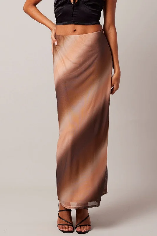 Brown Abstract Maxi Skirt High Rise Mesh chiffon skirt delicate