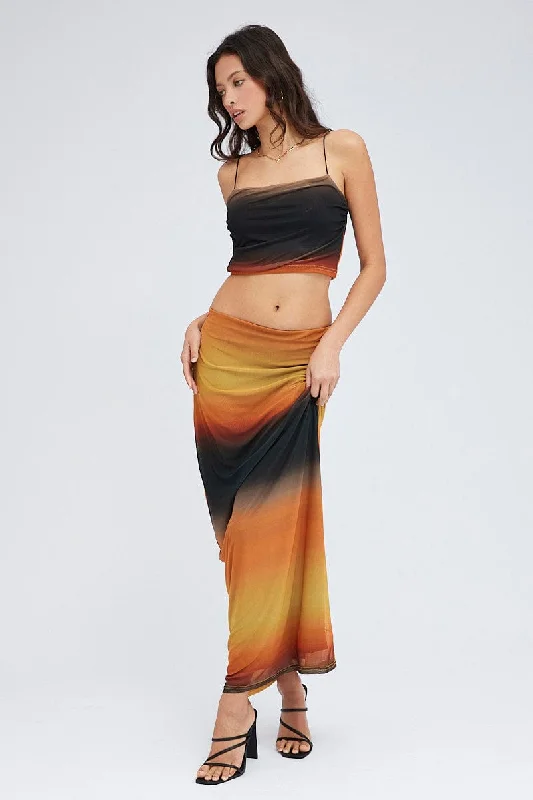 Brown Abstract Maxi Skirt Pencil High Rise Mesh seamless skirt comfort