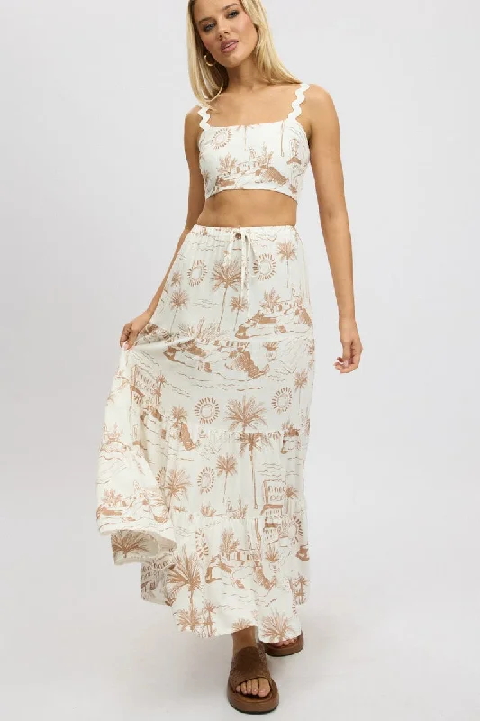 Brown Abstract Maxi Skirt Tiered High Rise Elastic Waistband asymmetrical skirt cut