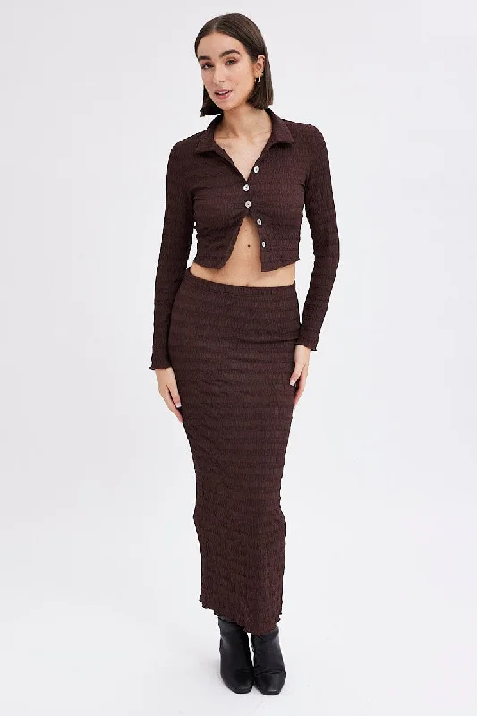 Brown Maxi Skirt Bodycon Textured Jersey velvet skirt rich