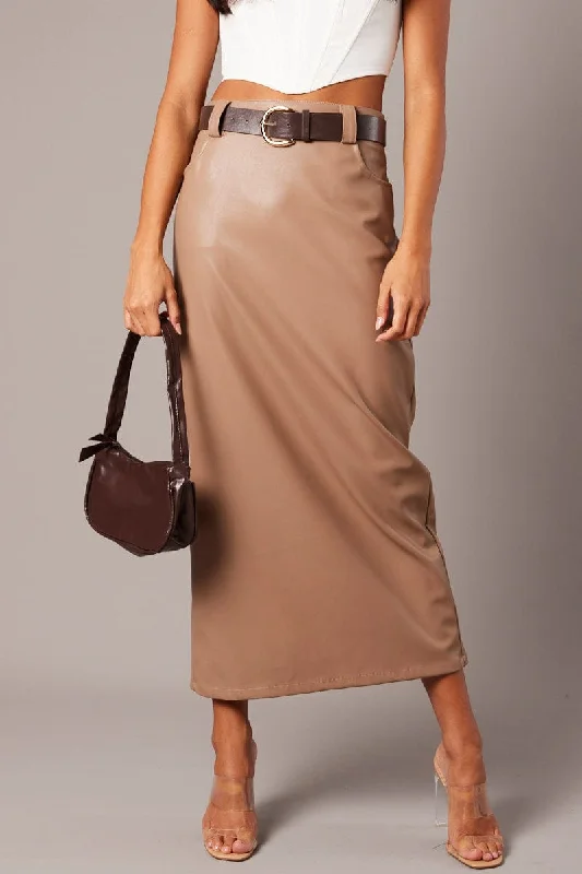 Brown Midi Skirt Faux Leather athletic skirt fit