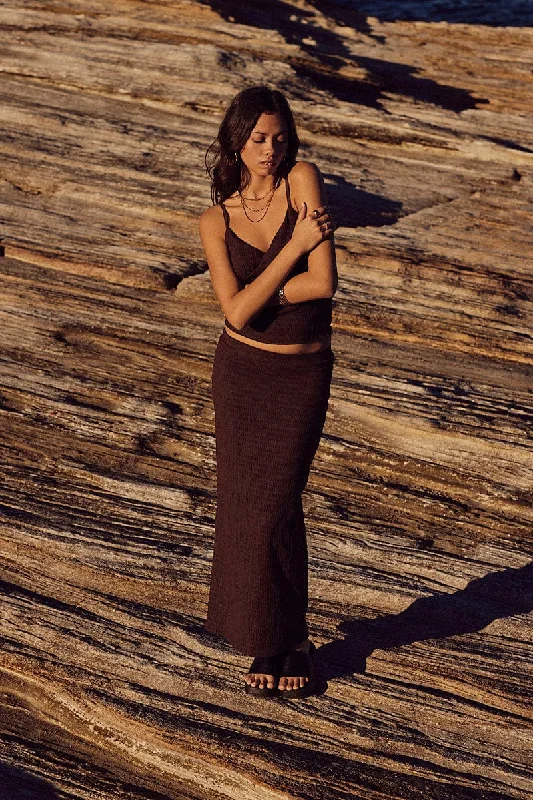 Brown Midi Skirt High Rise Textured Jersey denim skirt durable