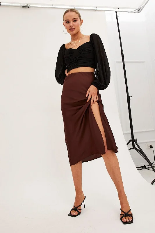 Brown Slip Skirt Midi Front Split Satin lightweight skirt design