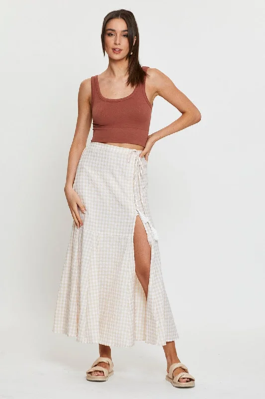 Check Maxi Skirt High Waist Front Split button skirt front