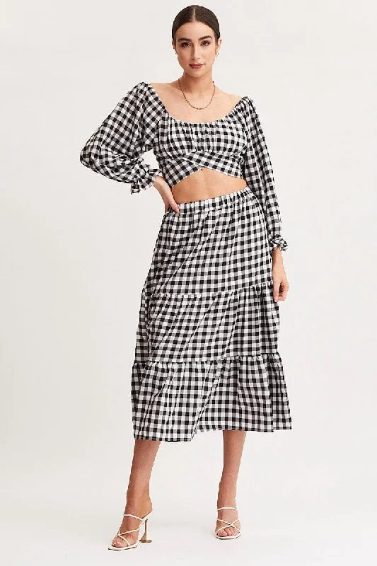 Check Midi Skirt High Rise linen skirt light