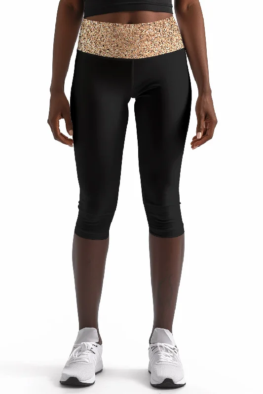 Confetti Ellie Black Glitter Printed Waistband Yoga Capri Leggings - Women Cozy Ribbed Leggings