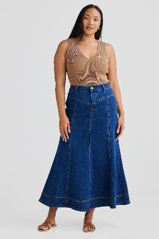 Core Denim Panelled Midi Skirt - Blue Denim satin skirt smooth