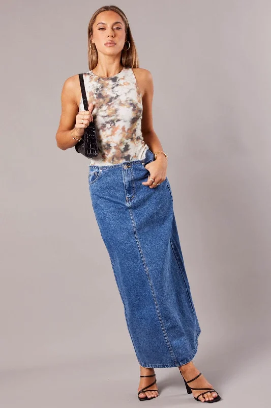 Denim Maxi Skirt High Rise A-line Raw Edge Denim lace skirt feminine