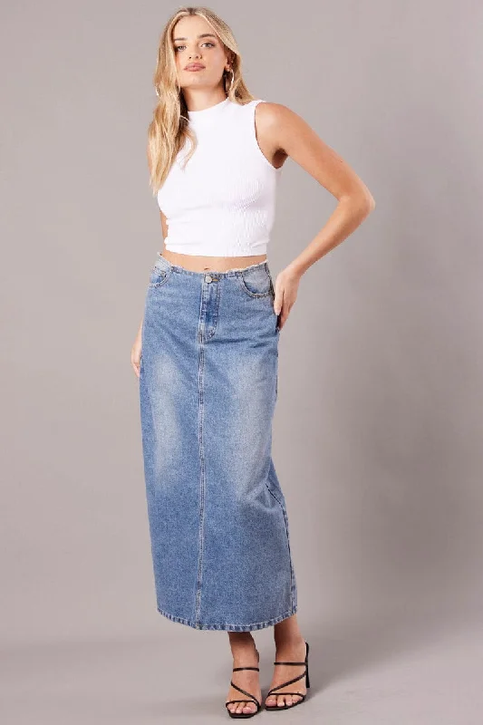 Denim Maxi Skirt High Rise A-line Raw Edge Denim denim skirt classic
