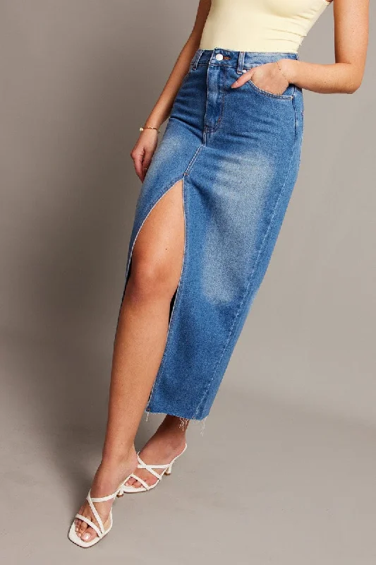 Denim Maxi Skirt High Rise Front Split silk skirt sleek