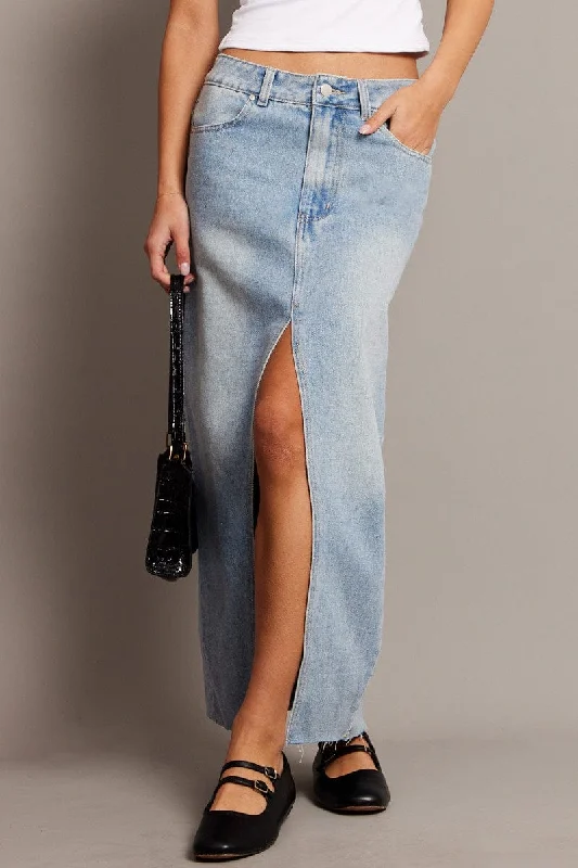 Denim Maxi Skirt High Rise Front Split linen skirt relaxed