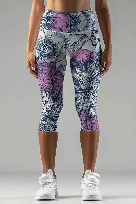Dream Catcher Ellie White Purple Floral Yoga Capri Leggings - Women Fashionable Smooth Fit Leggings Dream Catcher Ellie White Purple Floral Yoga Capri Leggings - Women Fashionable Smooth Fit Leggings
