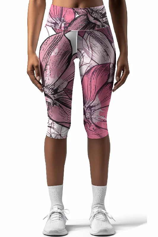 Fantasia Ellie Pink Floral Print Yoga Capri Leggings - Women Comfortable Lounge Leggings