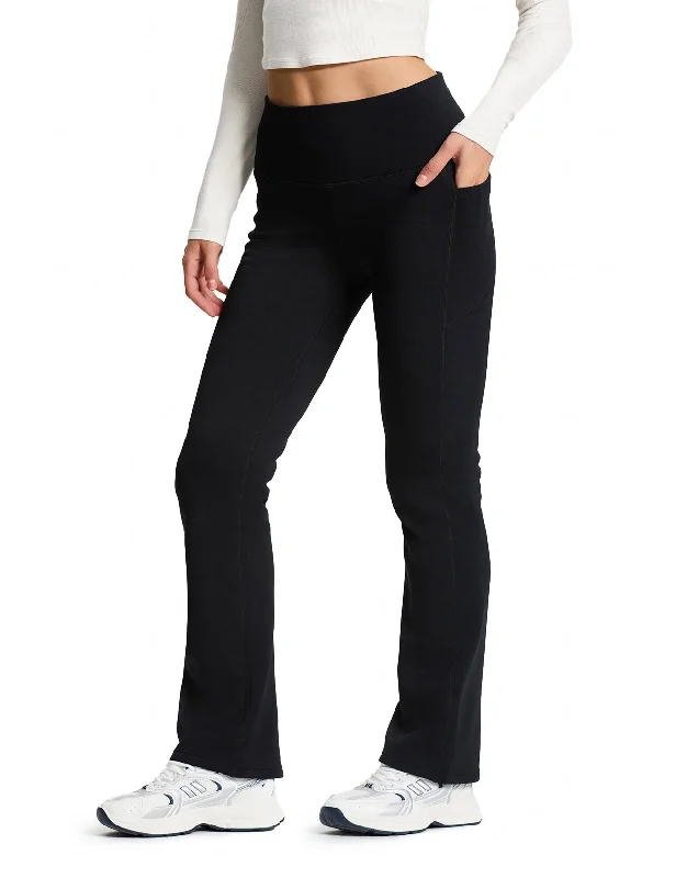 CozyWarmth Fleece Lined Flare Leggings, Side Pockets Trendy Cold Weather Tights