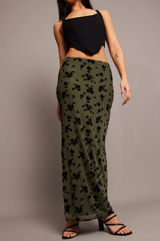 Green Floral Maxi Skirt Side Split cashmere skirt fine
