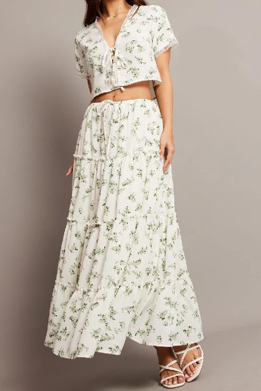 Green Floral Maxi Skirt Tiered High Rise Elastic Waistband corduroy skirt textured