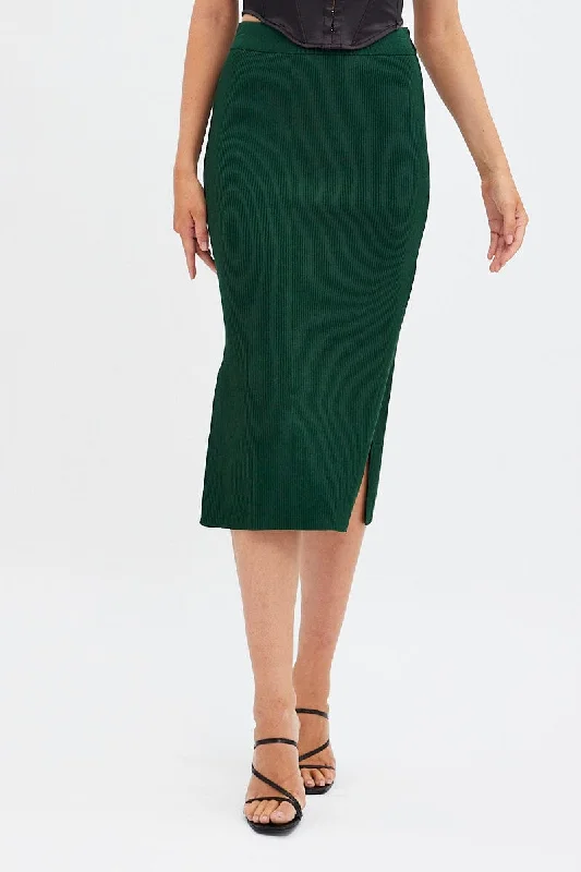 Green Knit Skirt High Rise Midi belted skirt waist
