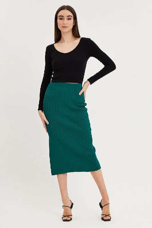 Green Knit Skirt Midi Side Split lace skirt romantic