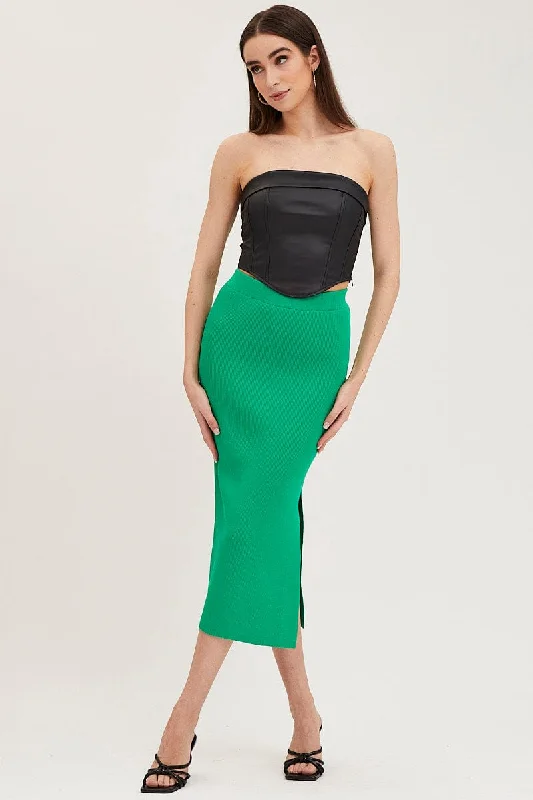 Green Knit Skirt Midi Side Split wool skirt thick