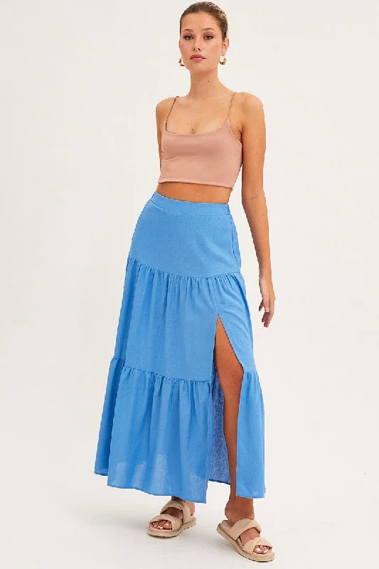 Blue Maxi Skirt High Waist Split Tiered vintage skirt charm