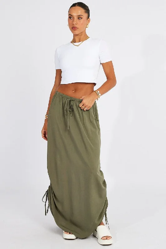 Green Maxi Skirt Side Ruched linen skirt breathable