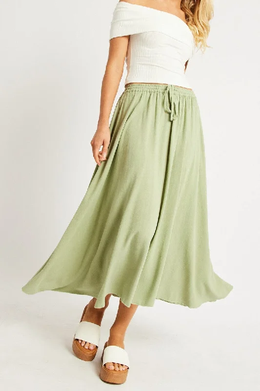 Green Midaxi Skirt High Rise Volume Linen Blend chiffon skirt flowing
